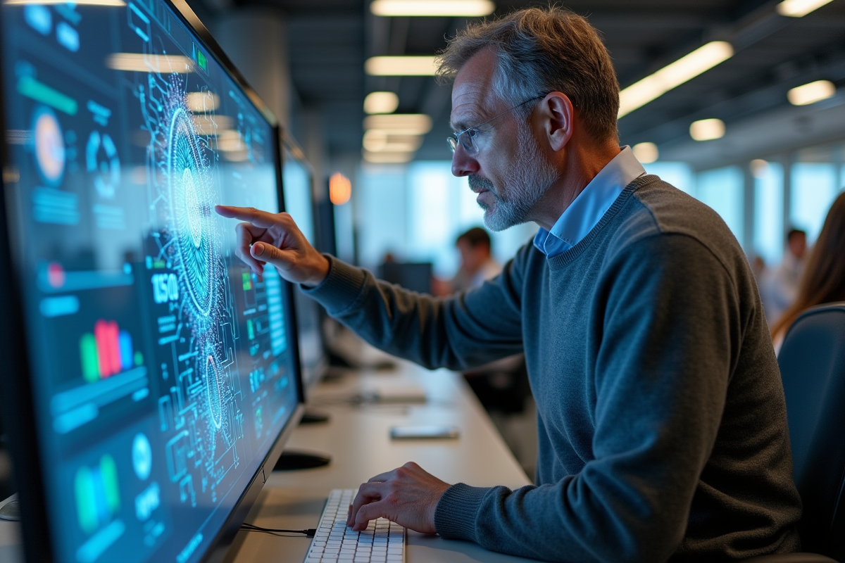 Ingénieur interagit avec une interface de simulation neuronale
