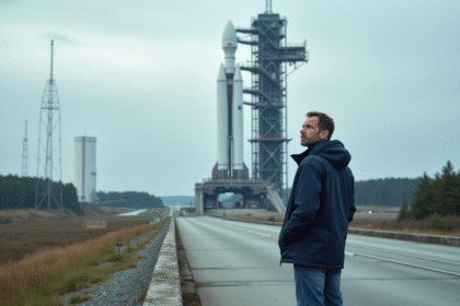 Ingénieur homme devant la fusée Ariane 6 sur le site de lancement