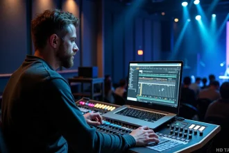 Ingénieur du son masculin réglant une console de mixage virtuelle StudioLive dans une salle de spectacle fixe
