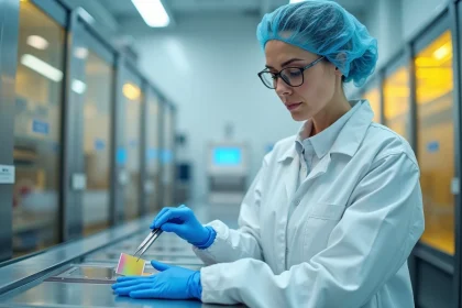 Ingénieure en salle blanche tenant une plaquette de silicium dans une usine de fabrication de puces miniatures