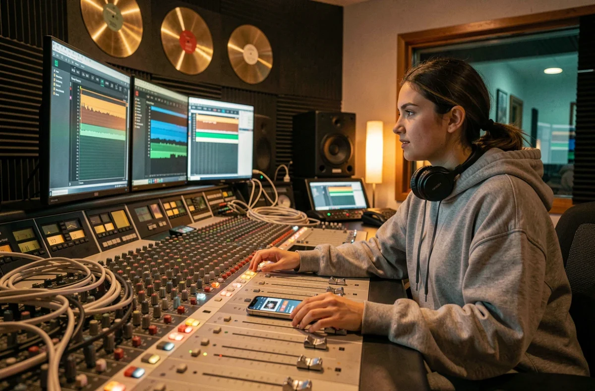Ingénieure du son dans un studio d'enregistrement face aux alertes de fuites musicales sur ses écrans