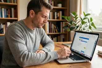 Homme insérant une clé USB dans un ordinateur portable pour installer OpenOffice hors ligne dans un bureau à domicile
