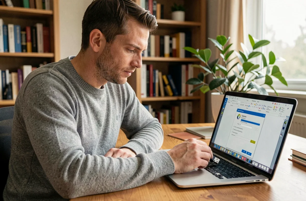 Homme insérant une clé USB dans un ordinateur portable pour installer OpenOffice hors ligne dans un bureau à domicile