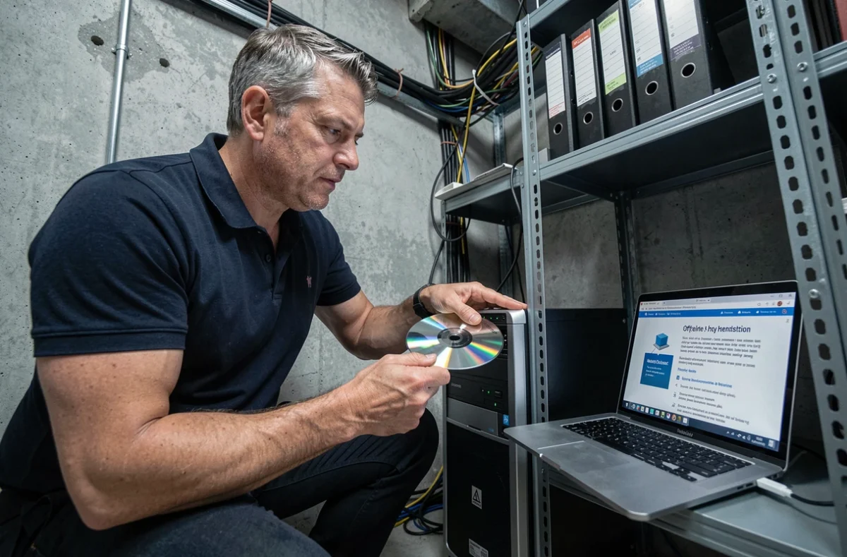 Technicien informatique installant OpenOffice hors ligne via un DVD dans une salle serveur de petite entreprise