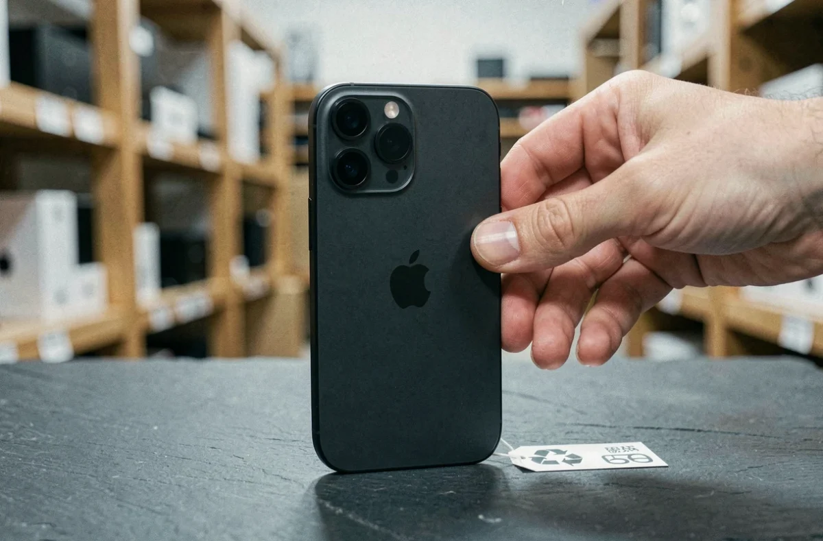 iPhone 14 Pro reconditionné noir posé sur une surface avec étiquette prix dans une boutique de reconditionnement