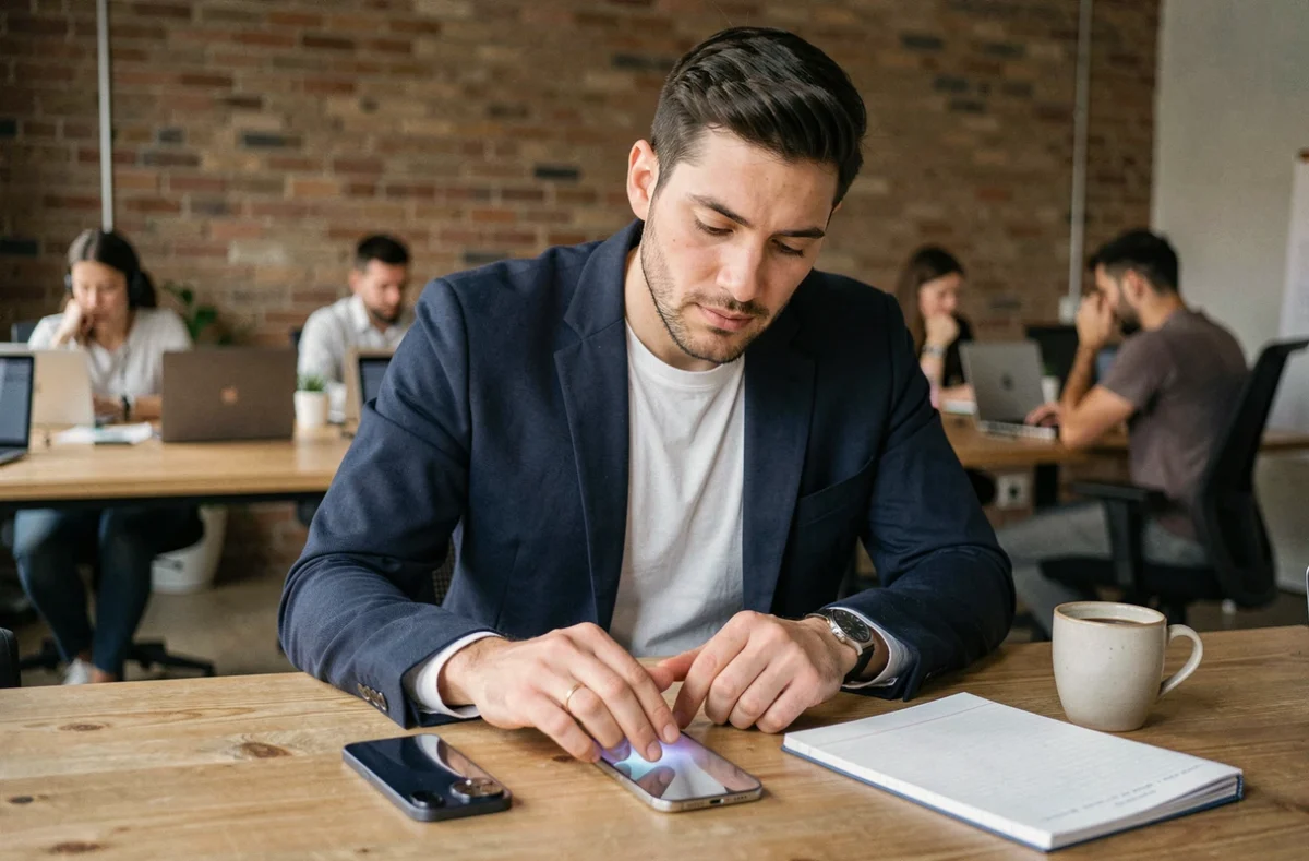 Homme comparant les dimensions d'un iPhone 15 Plus et d'un iPhone 15 posés sur un bureau dans un espace de coworking