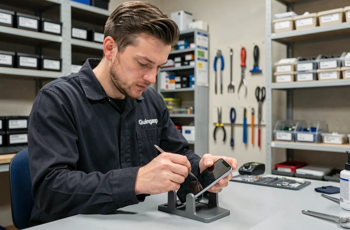 Technicien d'iRepair Guingamp installant un nouvel écran sur un smartphone dans un atelier organisé
