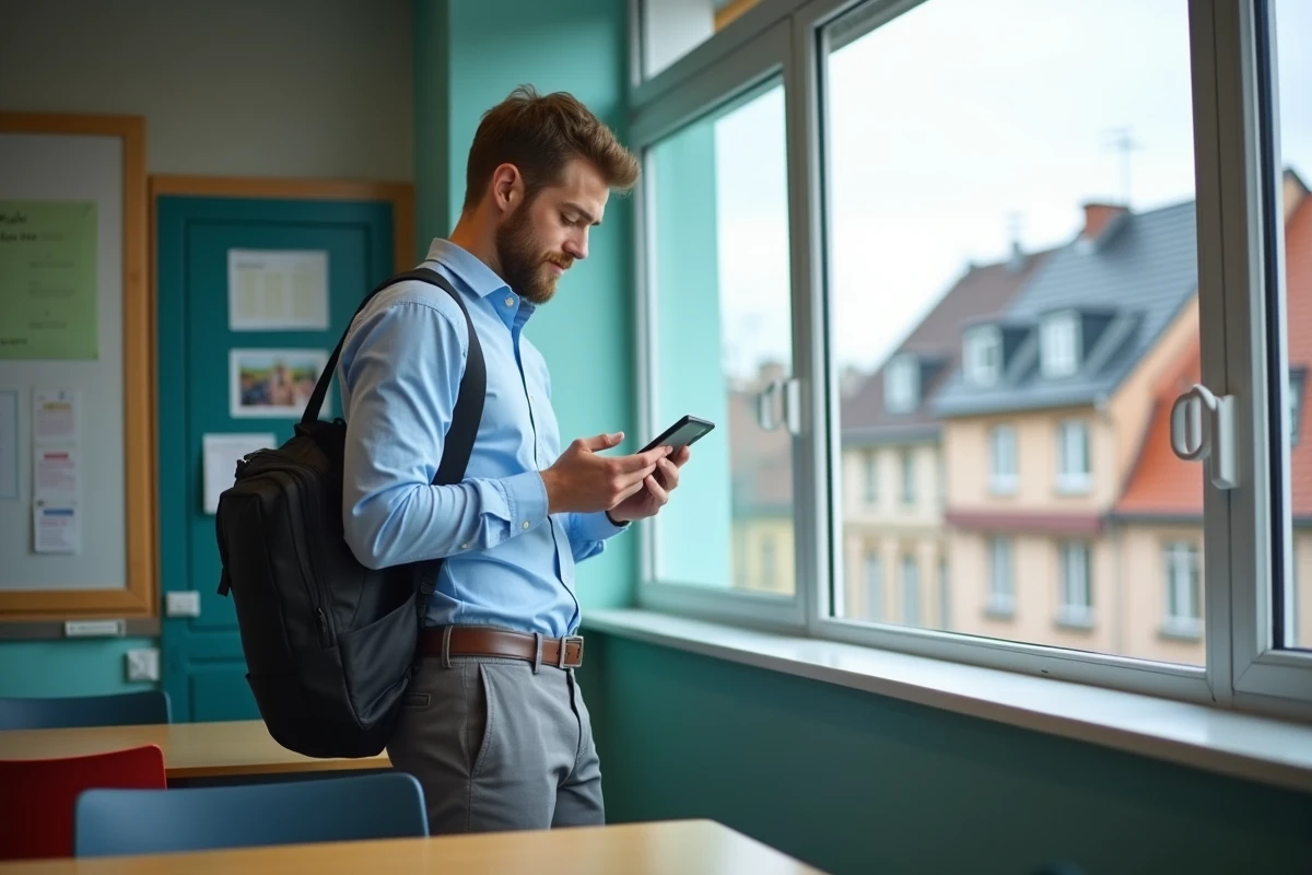 Jeune enseignant utilisant son smartphone dans la salle du personnel