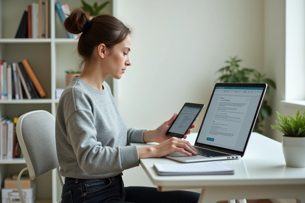 Jeune enseignante configurant son webmail académique depuis son bureau à domicile avec tablette et ordinateur