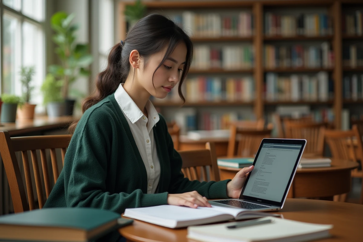 Jeune enseignante accédant à son webmail académique sur une tablette dans une bibliothèque scolaire calme