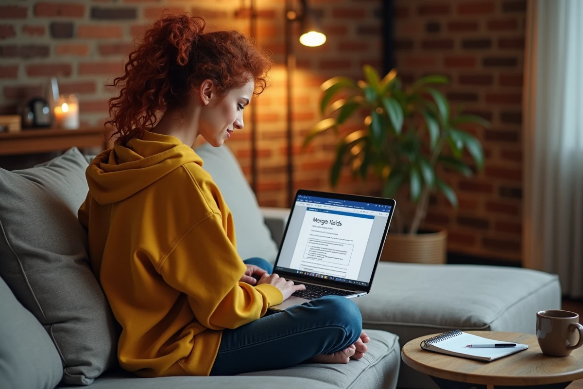 Jeune femme apprenant le publipostage Word Excel sur son canapé avec un cahier de notes