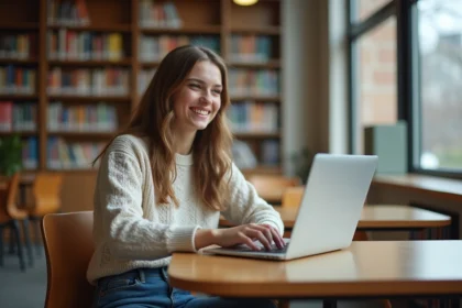 Jeune femme concentrée sur son ordinateur dans une bibliothèque universitaire