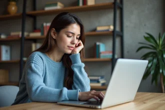 Jeune femme en bureau à domicile avec ordinateur portable