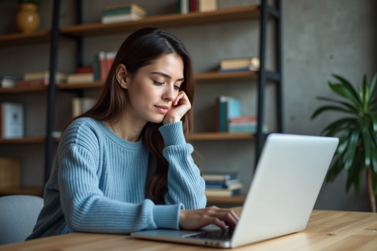 Jeune femme en bureau à domicile avec ordinateur portable