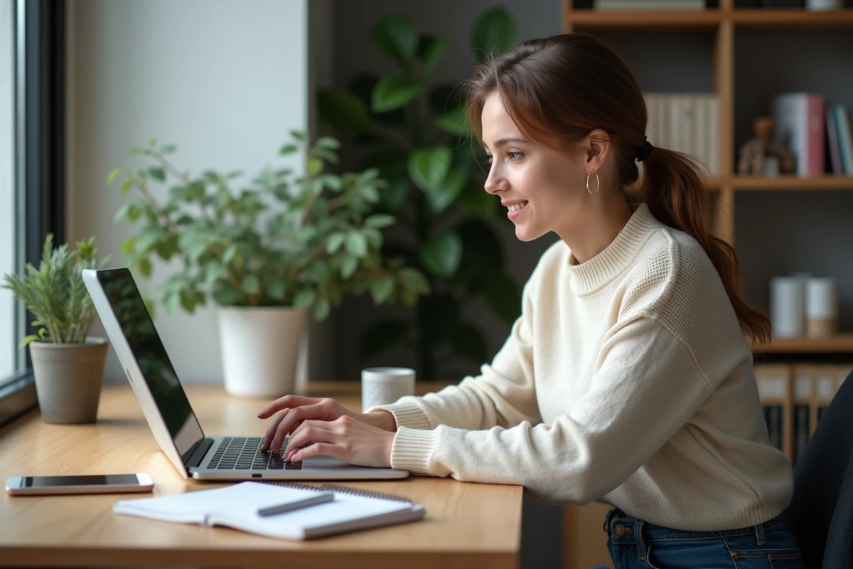 Jeune femme au bureau utilisant son ordinateur portable