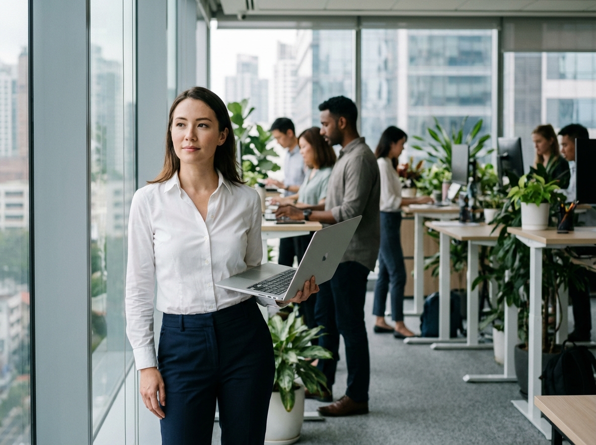 Jeune femme confiante devant une grande fenêtre urbaine