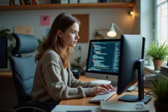 Jeune femme concentrée devant ses écrans de code dans un bureau