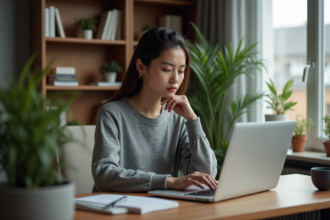 Jeune femme concentrée devant son ordinateur dans un bureau cosy