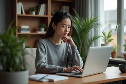 Jeune femme concentrée devant son ordinateur dans un bureau cosy