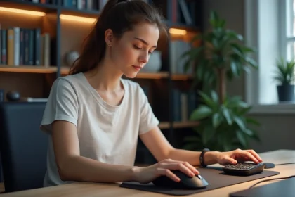 Jeune femme testant une souris gaming dans un bureau moderne