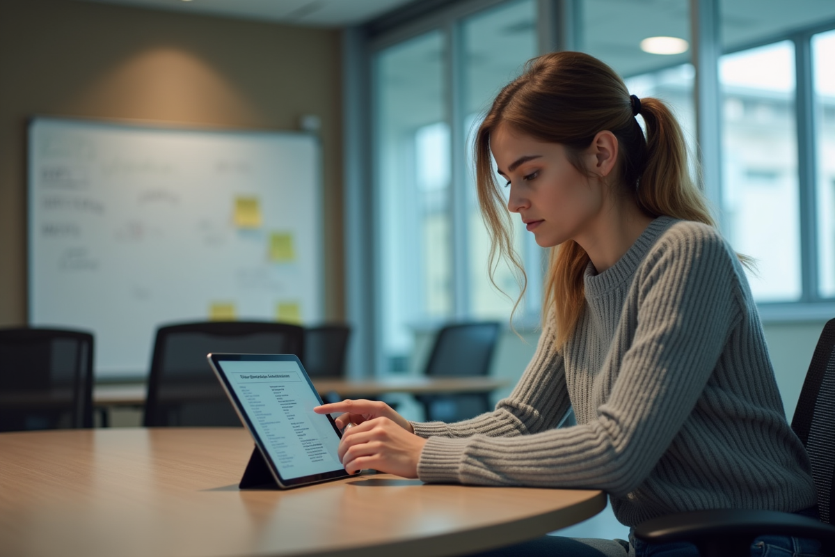 Jeune femme en réunion vérifiant une checklist sur sa tablette
