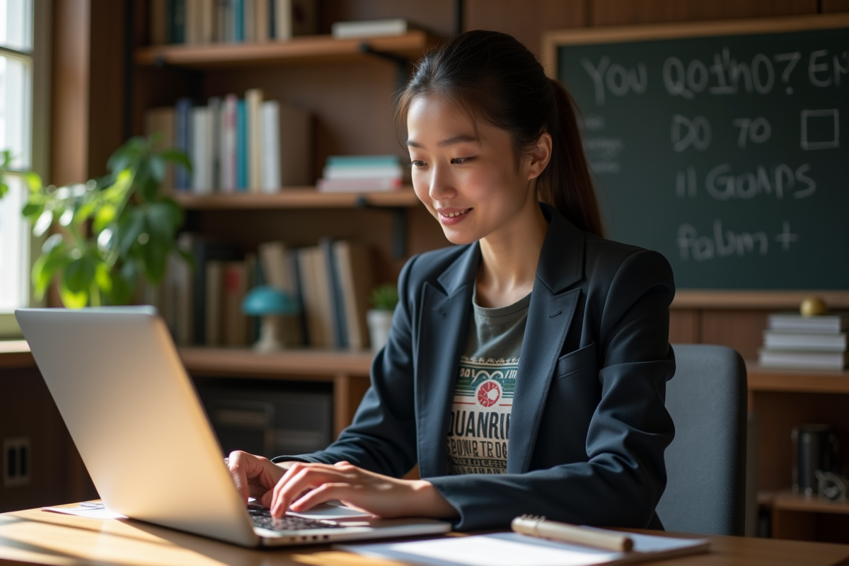 Jeune femme scientifique travaillant sur un ordinateur quantique à son bureau