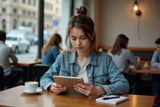 Jeune femme en denim compare tablette et smartphone