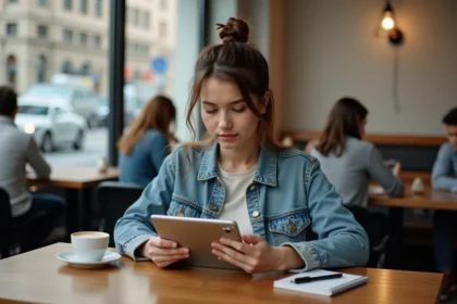 Jeune femme en denim compare tablette et smartphone