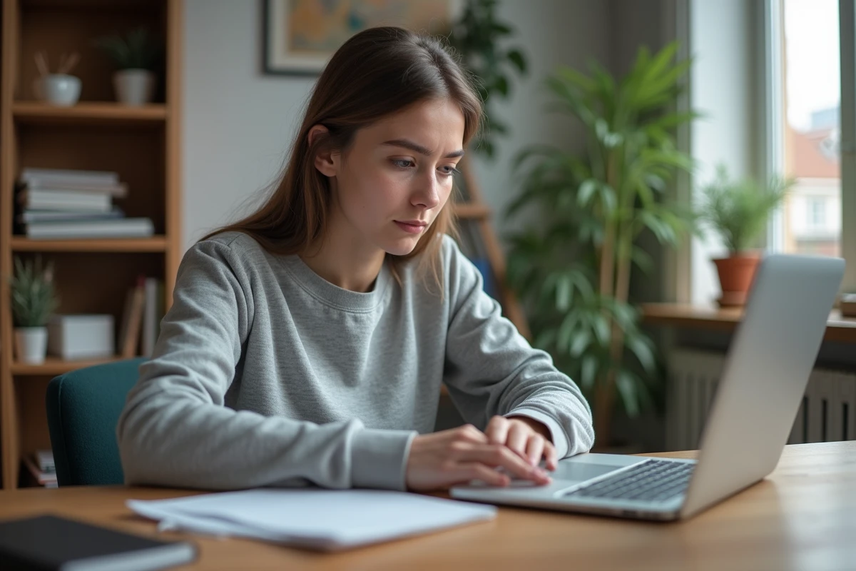 Jeune femme travaillant sur son ordinateur dans un appartement