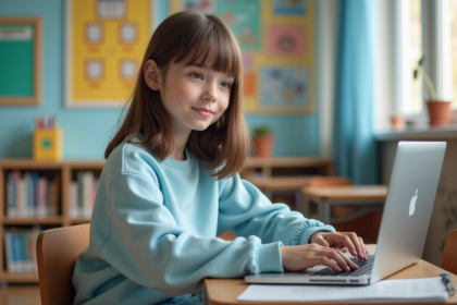 Jeune fille au laptop dans une classe lumineuse