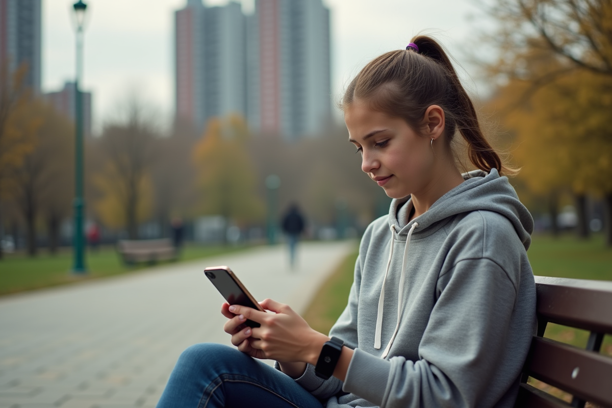 Jeune fille en hoodie regardant son smartphone dans un parc
