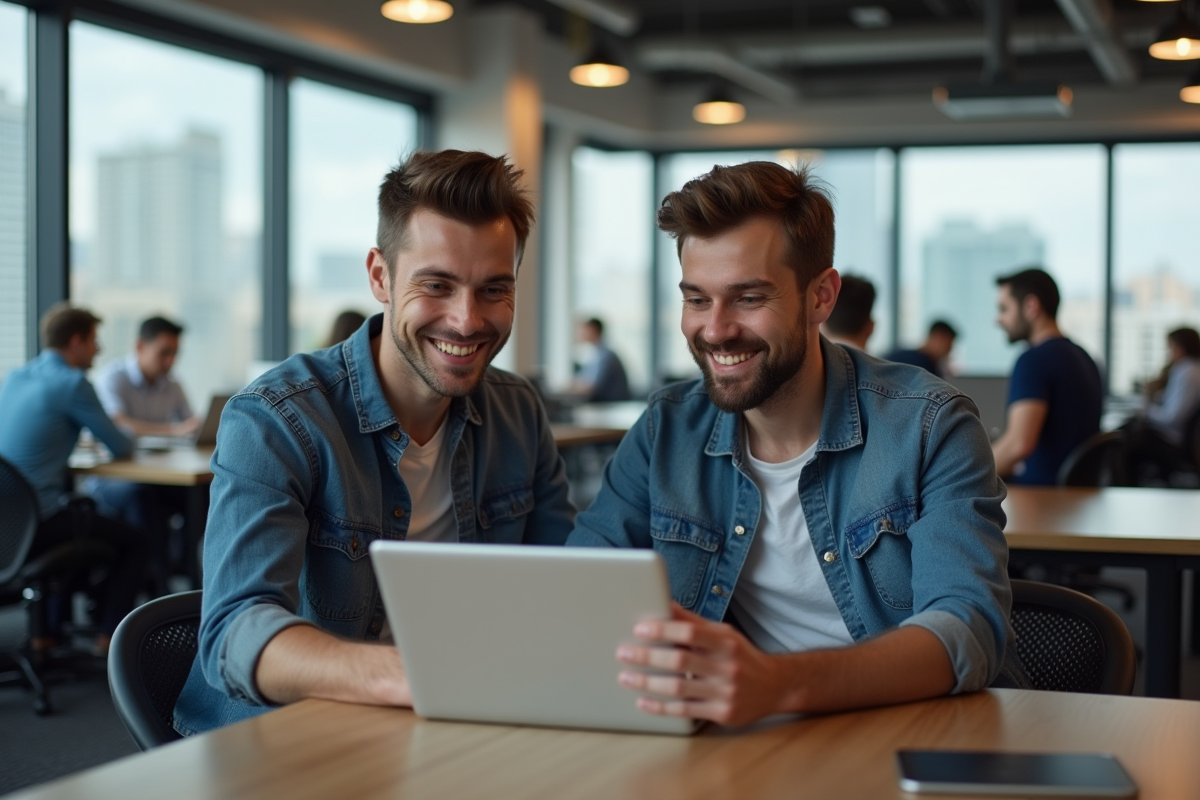 Jeune homme montrant la automatisation de documents à un collègue