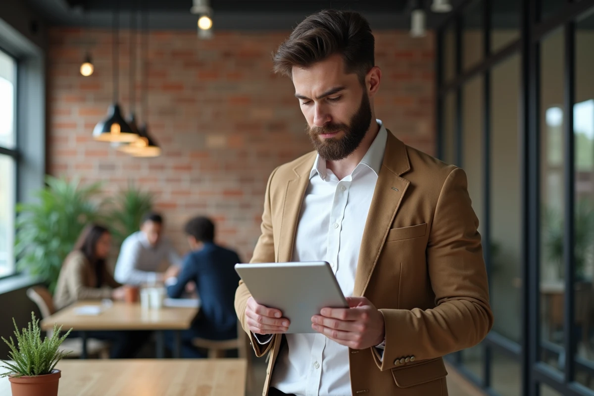 Jeune professionnel vérifiant ses emails sur une tablette dans un espace de coworking
