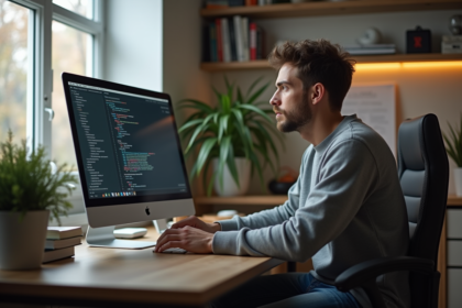 Jeune homme concentré devant un ordinateur en étude MongoDB