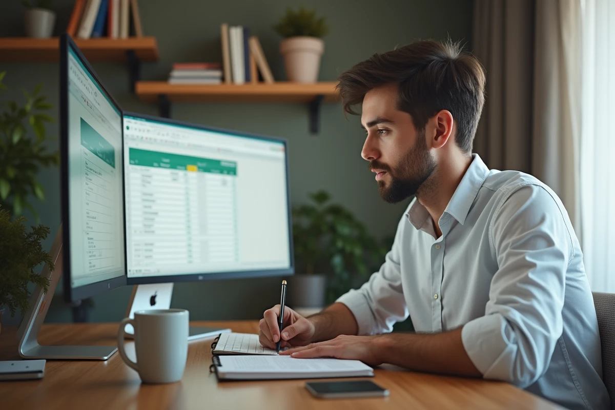Jeune homme prenant des notes devant un écran d