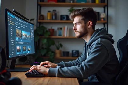 Jeune homme concentré sur son clavier dans un bureau moderne