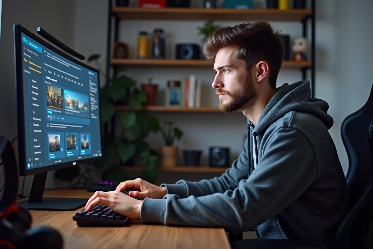 Jeune homme concentré sur son clavier dans un bureau moderne