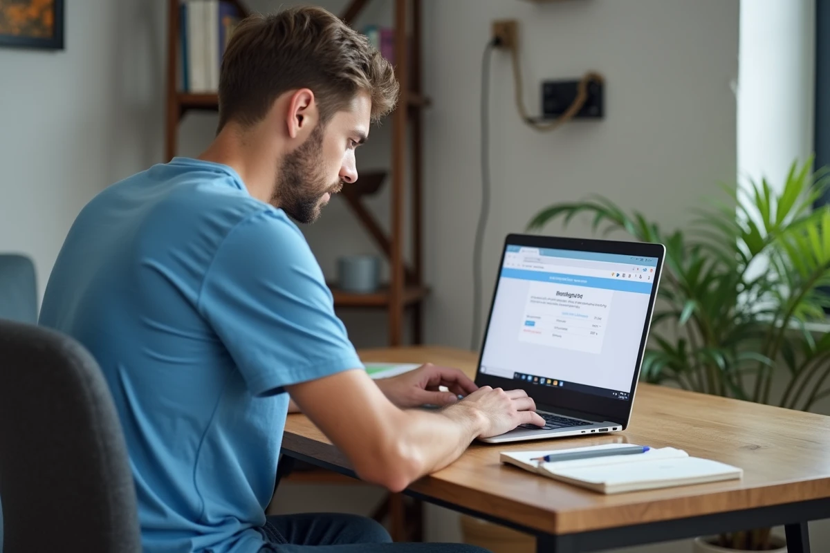 Jeune homme regardant l'écran de sa box internet à la maison