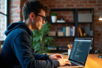 Jeune homme en hoodie installe Python sur son laptop