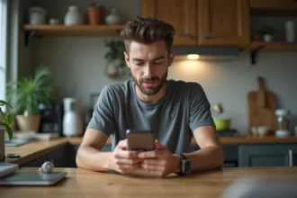 Jeune homme utilisant un smartphone dans la cuisine