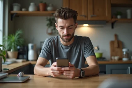 Jeune homme utilisant un smartphone dans la cuisine