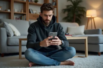 Jeune homme confus regardant son smartphone à la maison