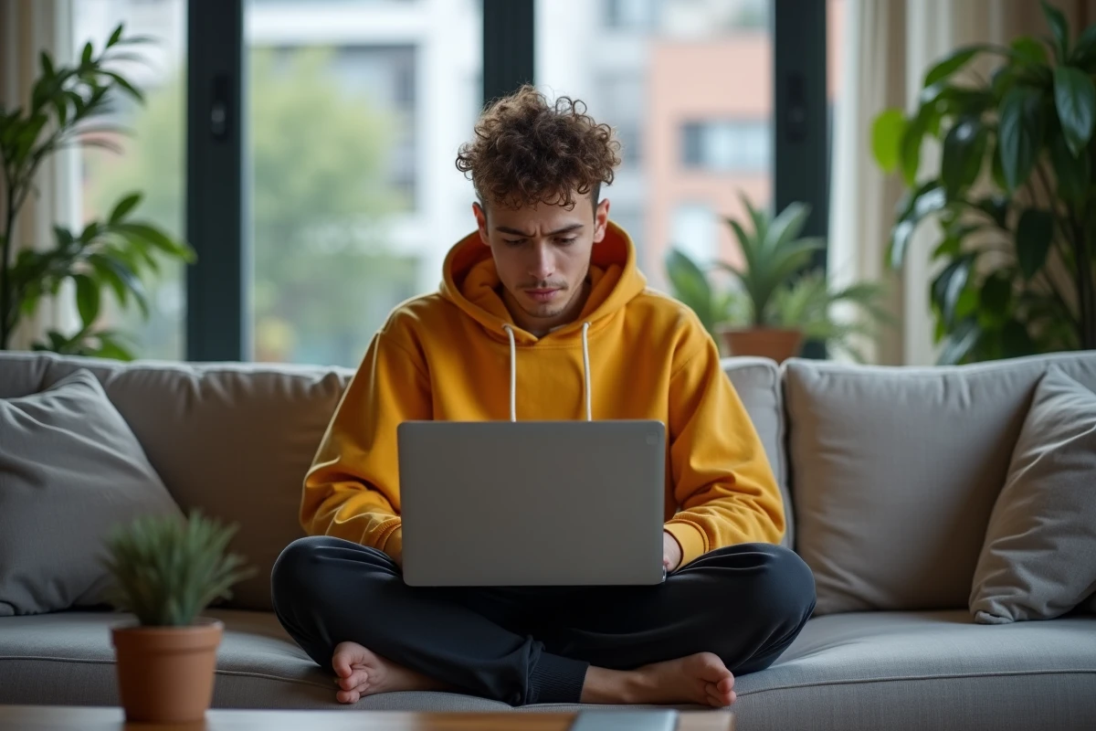 Jeune personne plissant les yeux devant un petit écran de laptop posé sur ses genoux dans un salon, mauvaise posture visuelle
