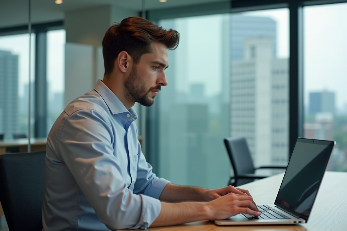 Jeune homme professionnel travaillant sur son ordinateur au bureau