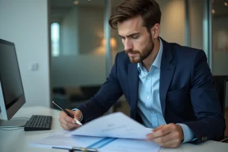 Jeune homme en costume bleu examinant des documents au bureau