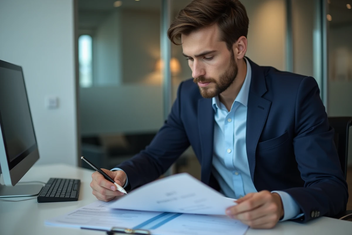 Jeune homme en costume bleu examinant des documents au bureau