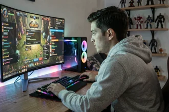 Jeune joueur configurant des addons World of Warcraft sur un grand écran ultrawide dans une chambre gaming