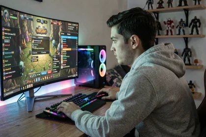 Jeune joueur configurant des addons World of Warcraft sur un grand écran ultrawide dans une chambre gaming