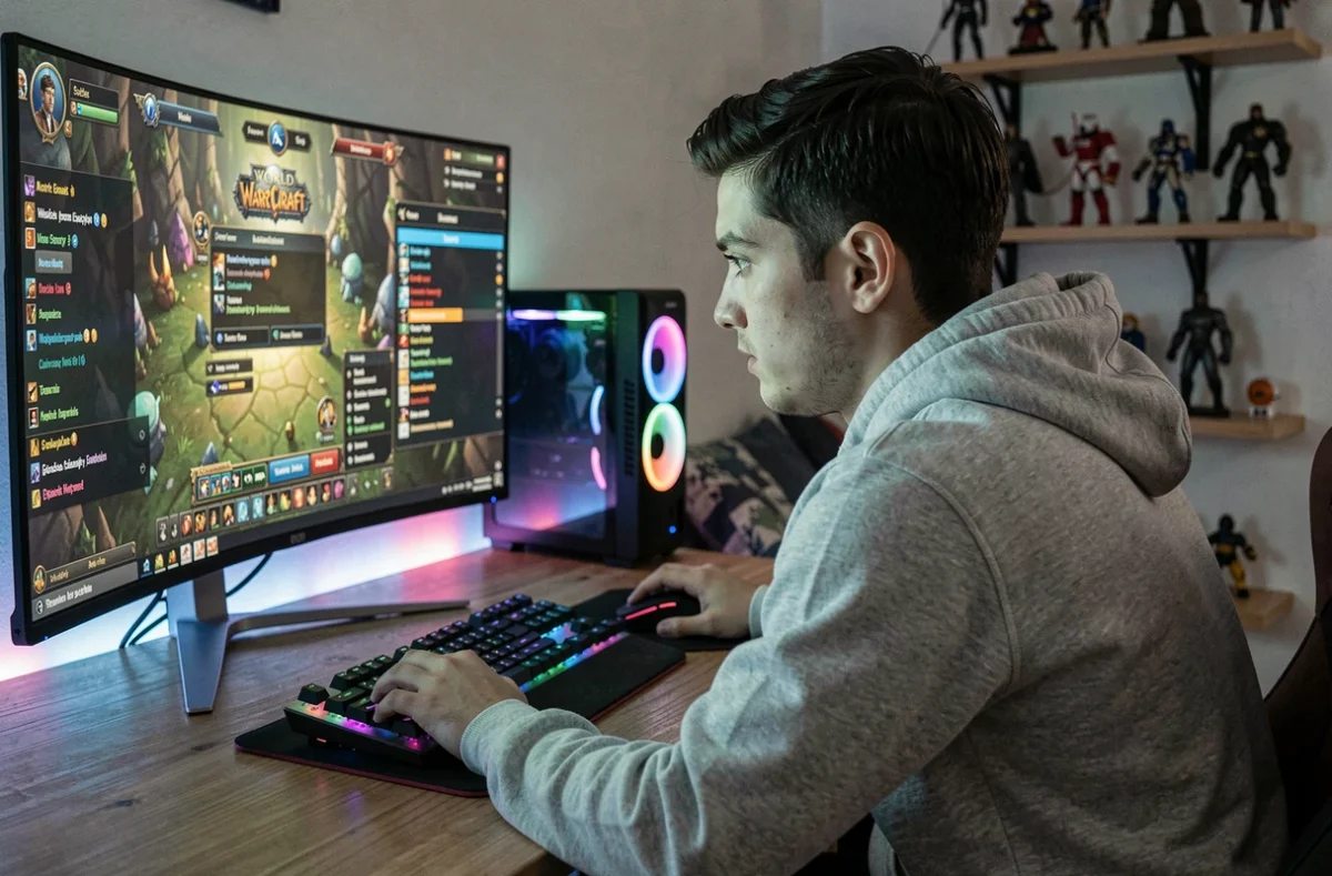 Jeune joueur configurant des addons World of Warcraft sur un grand écran ultrawide dans une chambre gaming