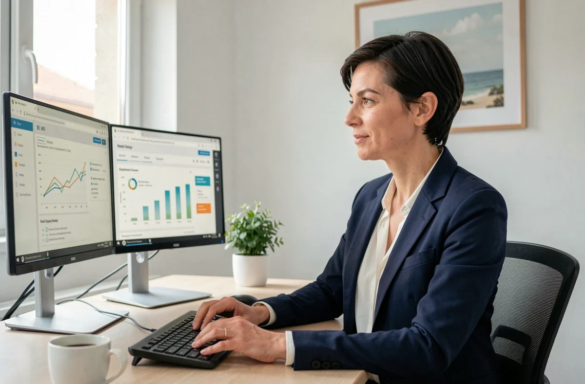 Professionnelle analysant une stratégie IA et de visibilité digitale sur des écrans dans un bureau moderne à Rennes pour Keyweo